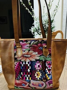 Ponchos leather 
Boho Embroidered Tote Bag in Brown and Multicolor